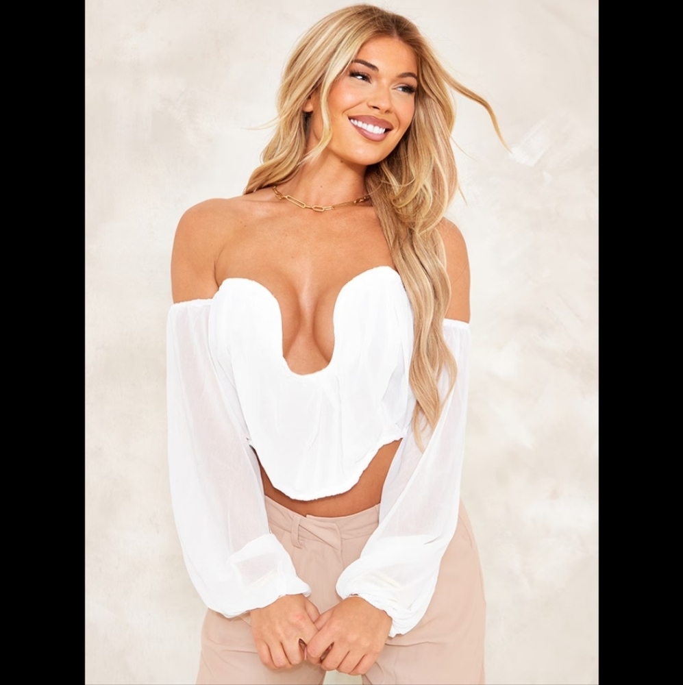 White Pleated Chiffon Curve Plunge Balloon Sleeve Corset Size 8 US